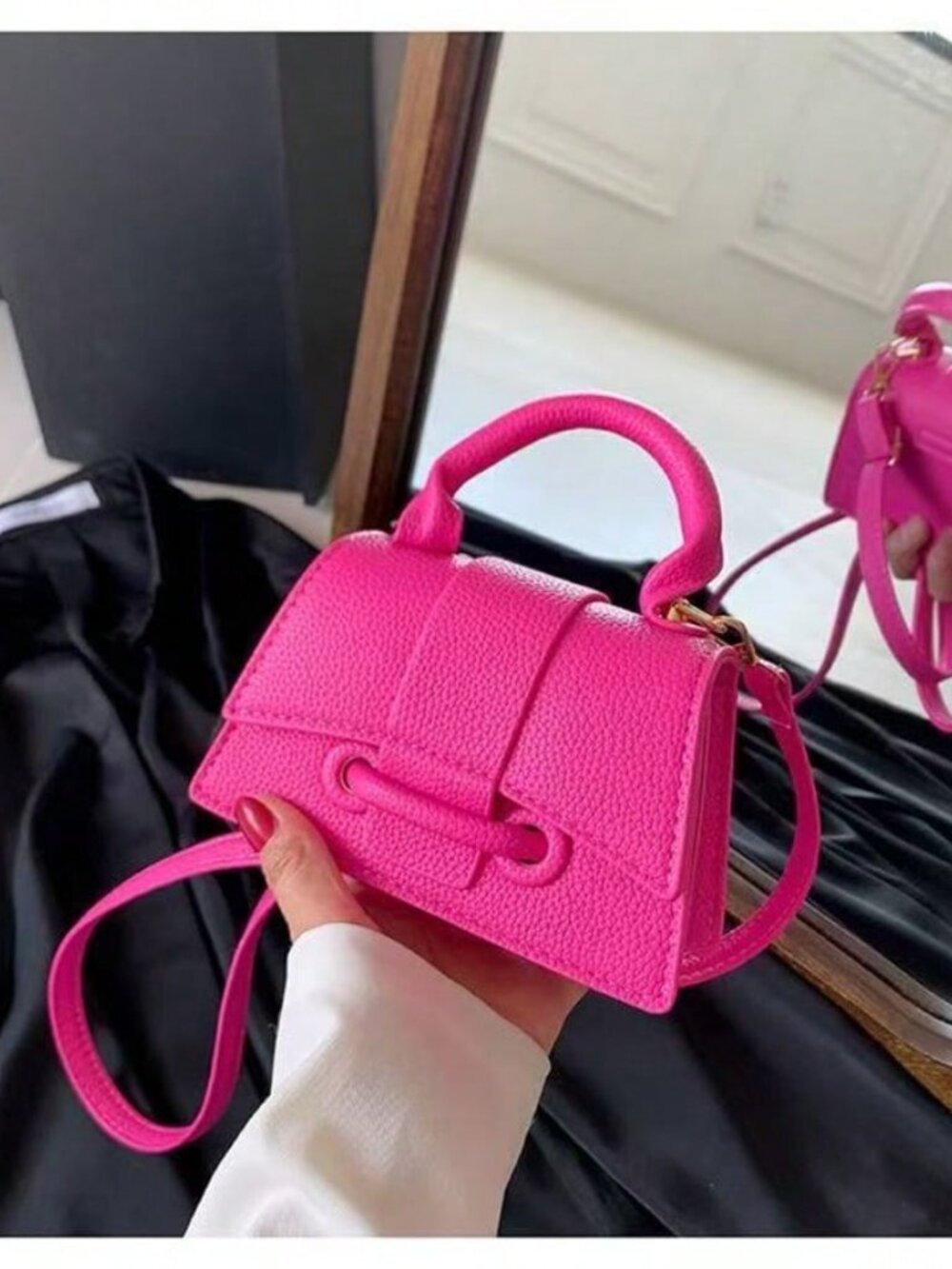 Hot Pink Checkered Women's Crossbody Bag with Adjustable Strap - Picture 5 of 6
